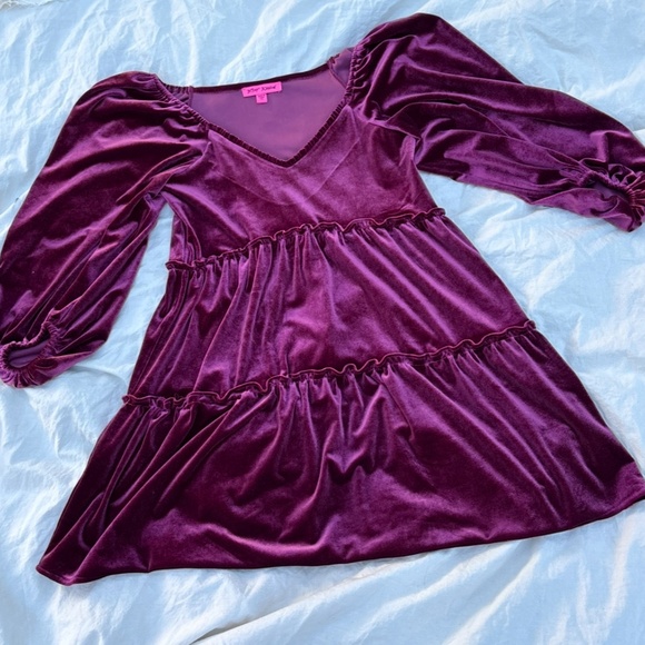 Betsey Johnson Velvet Mini Tiered Baby Doll Dress XS Puff 3/4 Sleeve Tawny Port - Picture 14 of 14